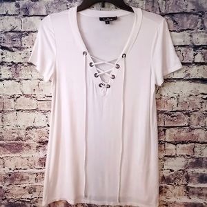 Lulus White Lace Up Neckline Top Small Made In USA
